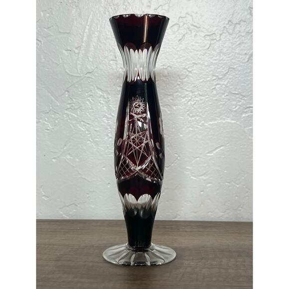 Vintage Ruby Cut Glass Bud Vase Floral Etched Crystal 8” Tall - Picture 5 of 10